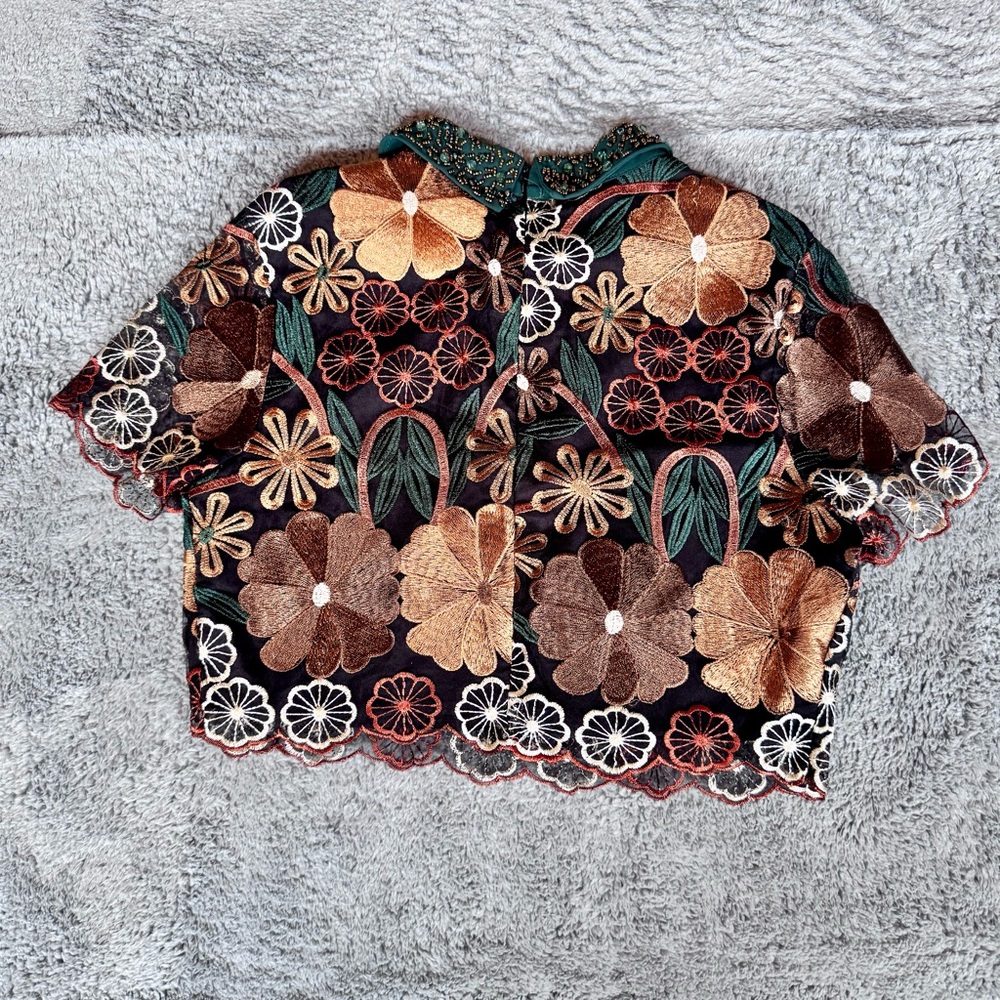 Jade Sky Embroidered Beaded Collar Blouse Floral Size M Cottagecore Whimsy Fairy - Picture 9 of 14